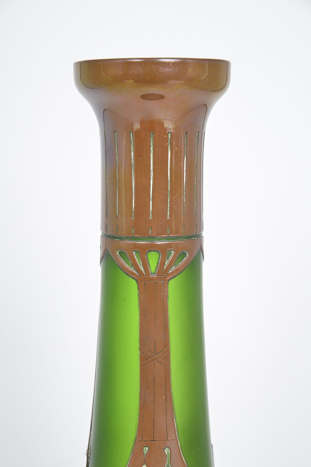 Home Decor Large Bohemian Jugendstil Art Nouveau Austrian Secessionist Glass Copper Overlay Vase Centrepiece photo