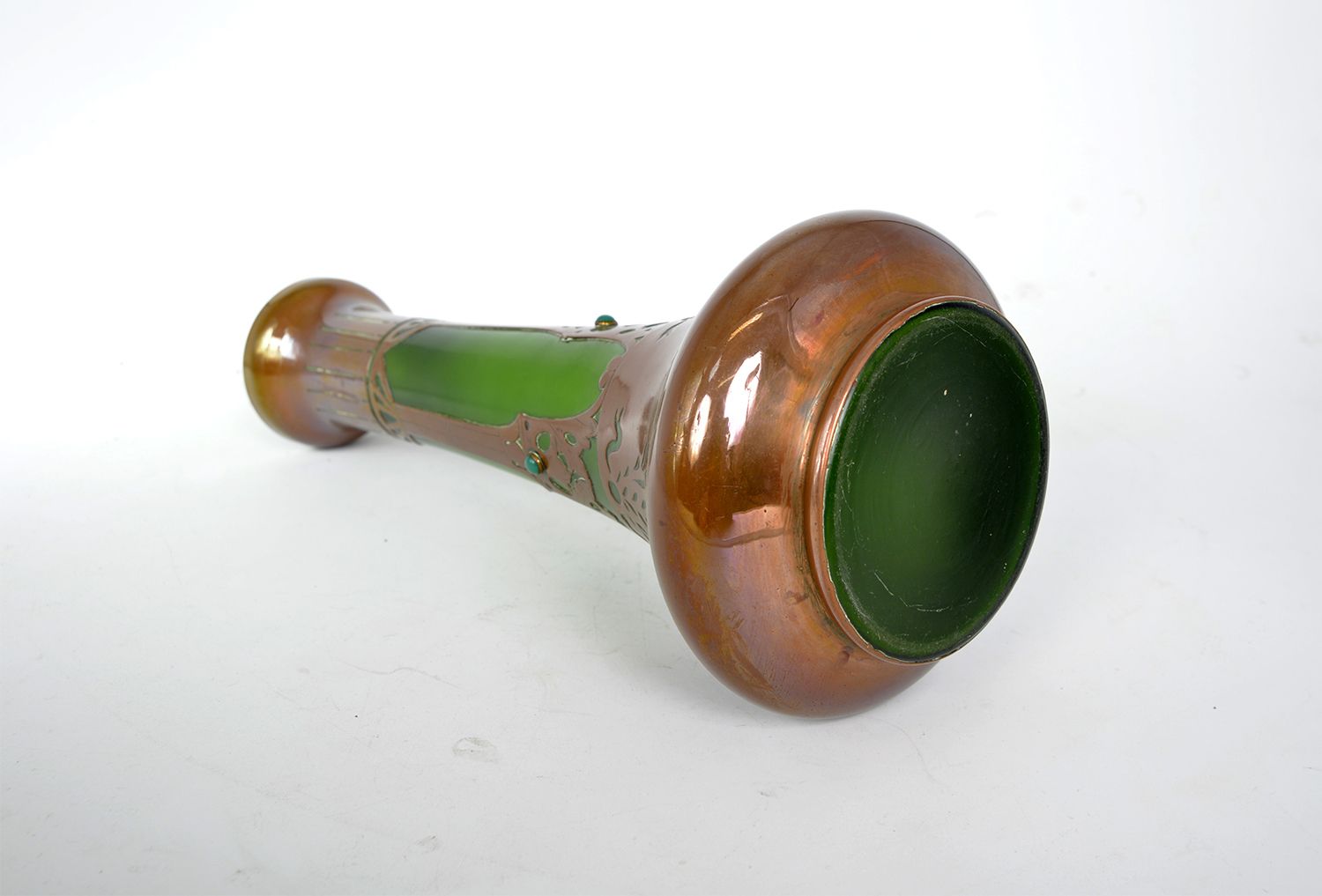 Large Bohemian Jugendstil Art Nouveau Austrian Secessionist Glass Copper Overlay Vase Centrepiece photo buy