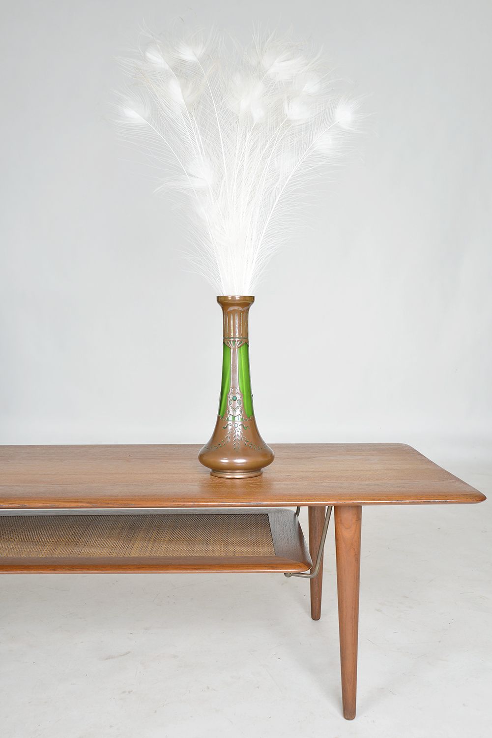 Large Bohemian Jugendstil Art Nouveau Austrian Secessionist Glass Copper Overlay Vase Centrepiece photo for sale