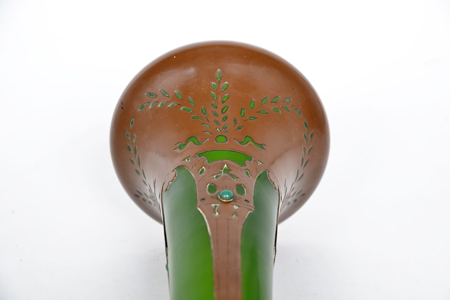 photo for sale Large Bohemian Jugendstil Art Nouveau Austrian Secessionist Glass Copper Overlay Vase Centrepiece