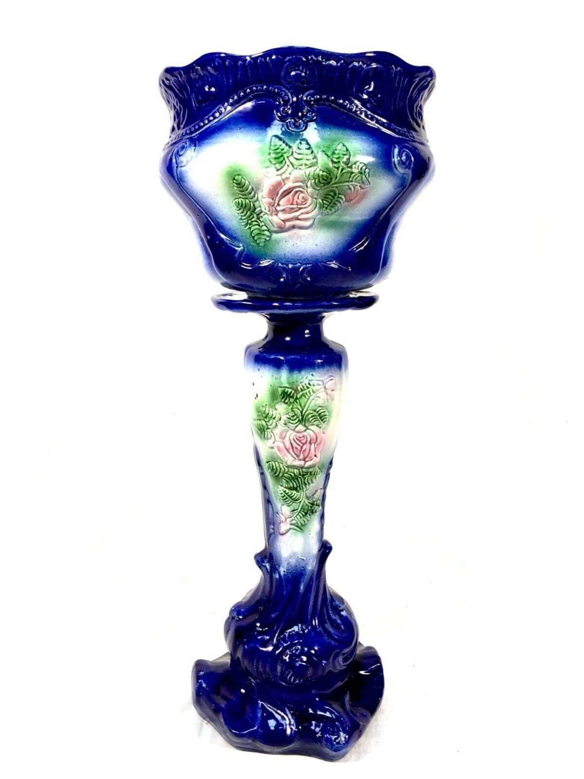 Antique Large Floor Standing Victorian Jardiniere & Stand C.1890 / Blue & White photo vinterior