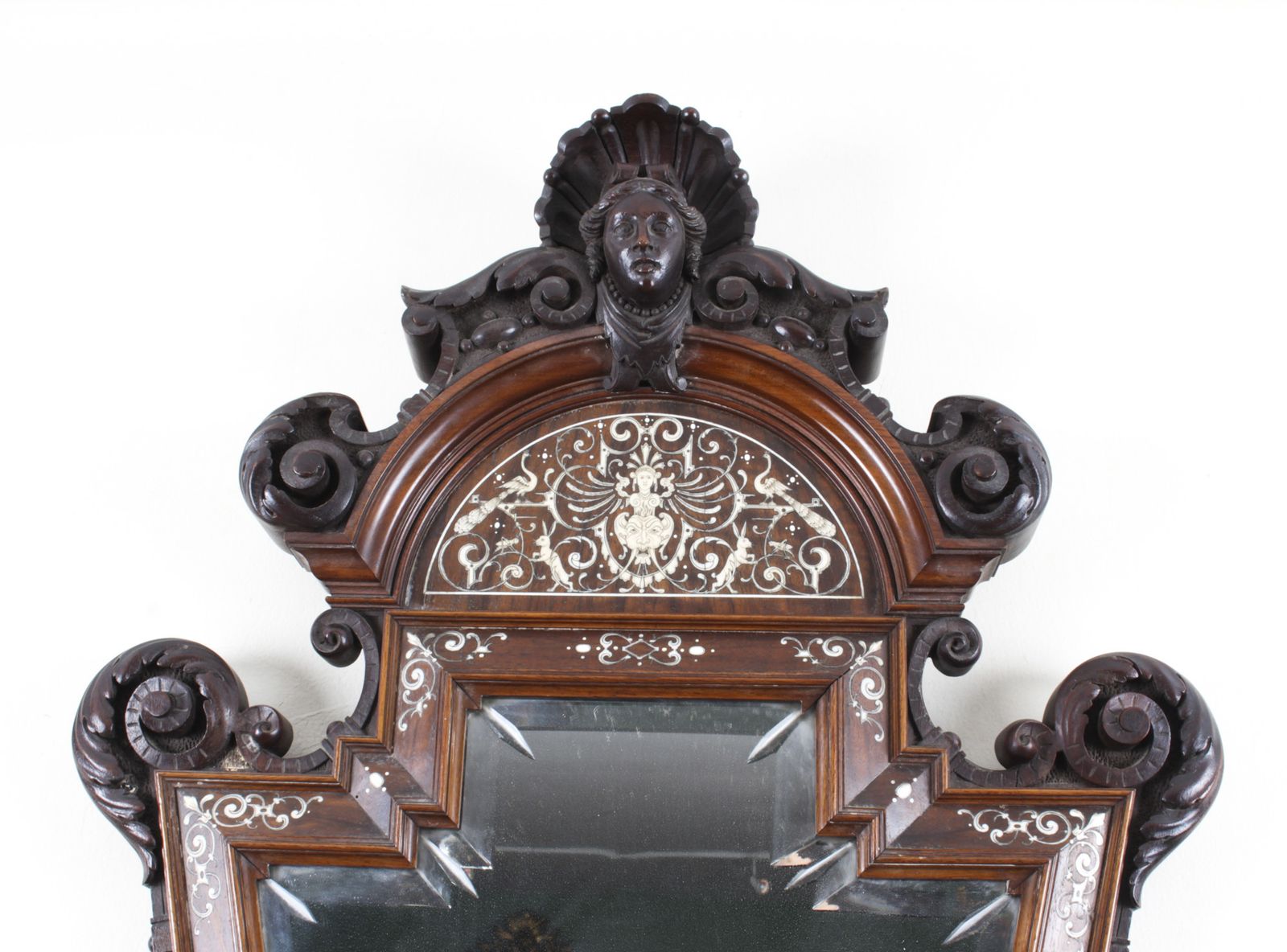 Antique Italian Renaissance Walnut & Inlaid Mirror 19th C 108x60cm photo vintage