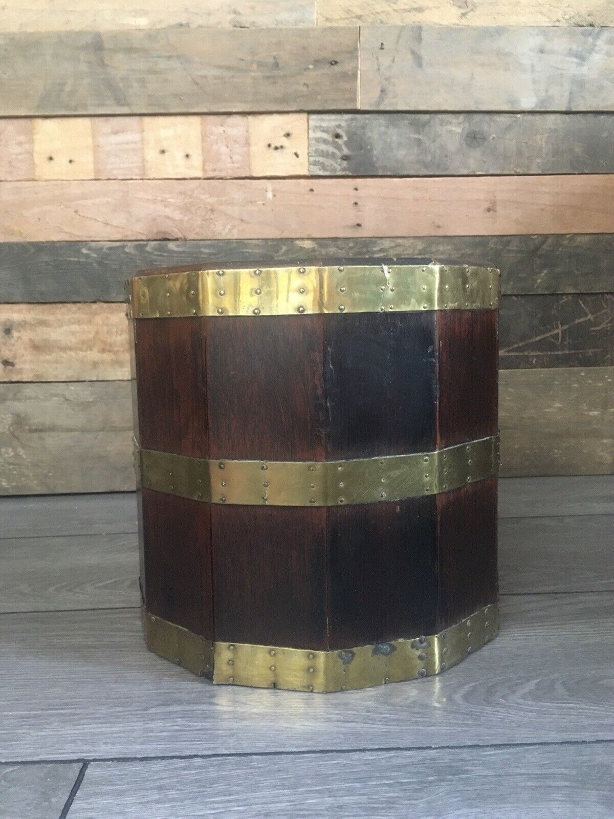 Antique 12 Sided Coopered Mahogany & Brass Barrel Planter Jardiniere Wine Cooler photo Garden Decor