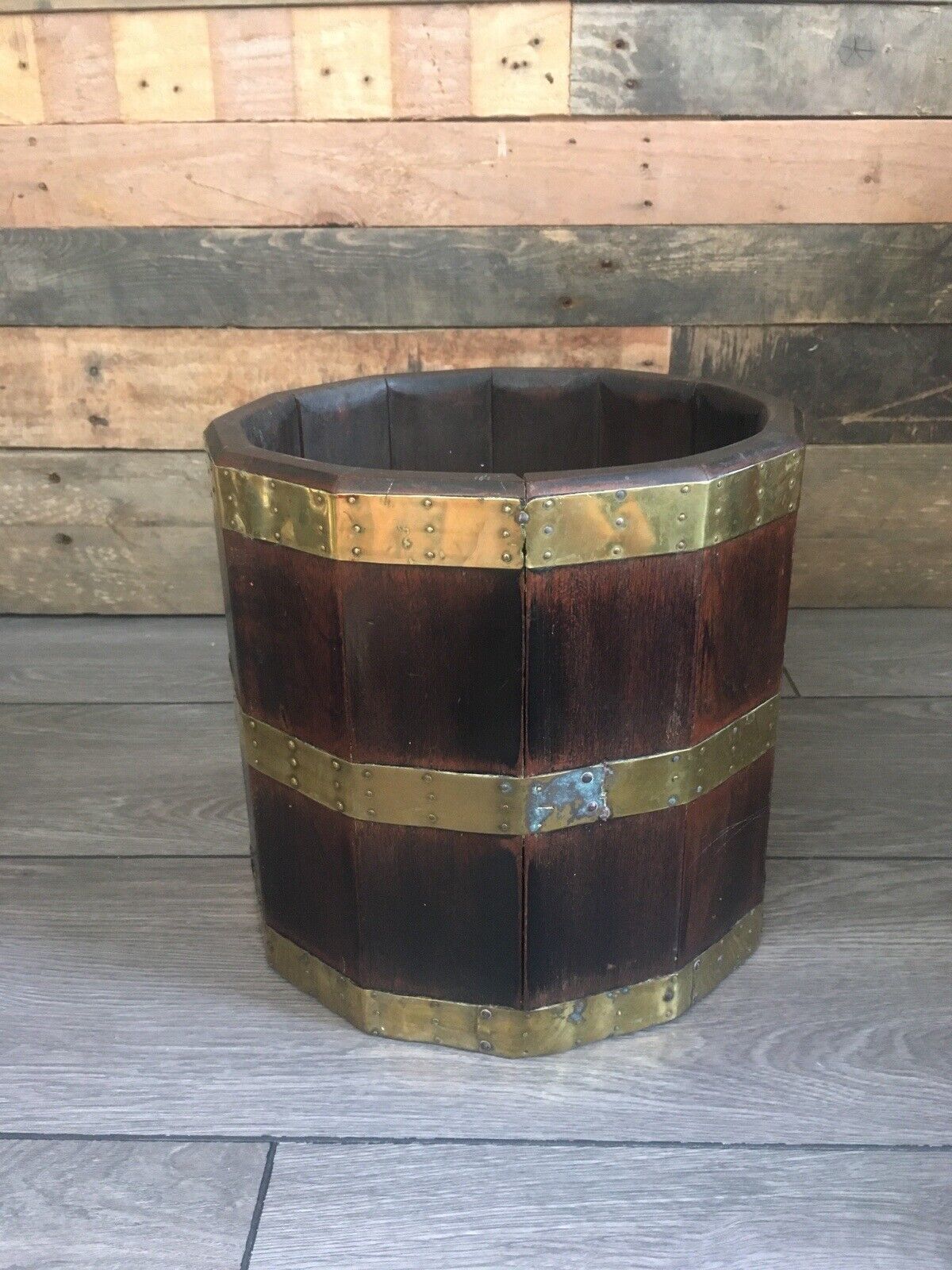 Antique 12 Sided Coopered Mahogany & Brass Barrel Planter Jardiniere Wine Cooler photo buy