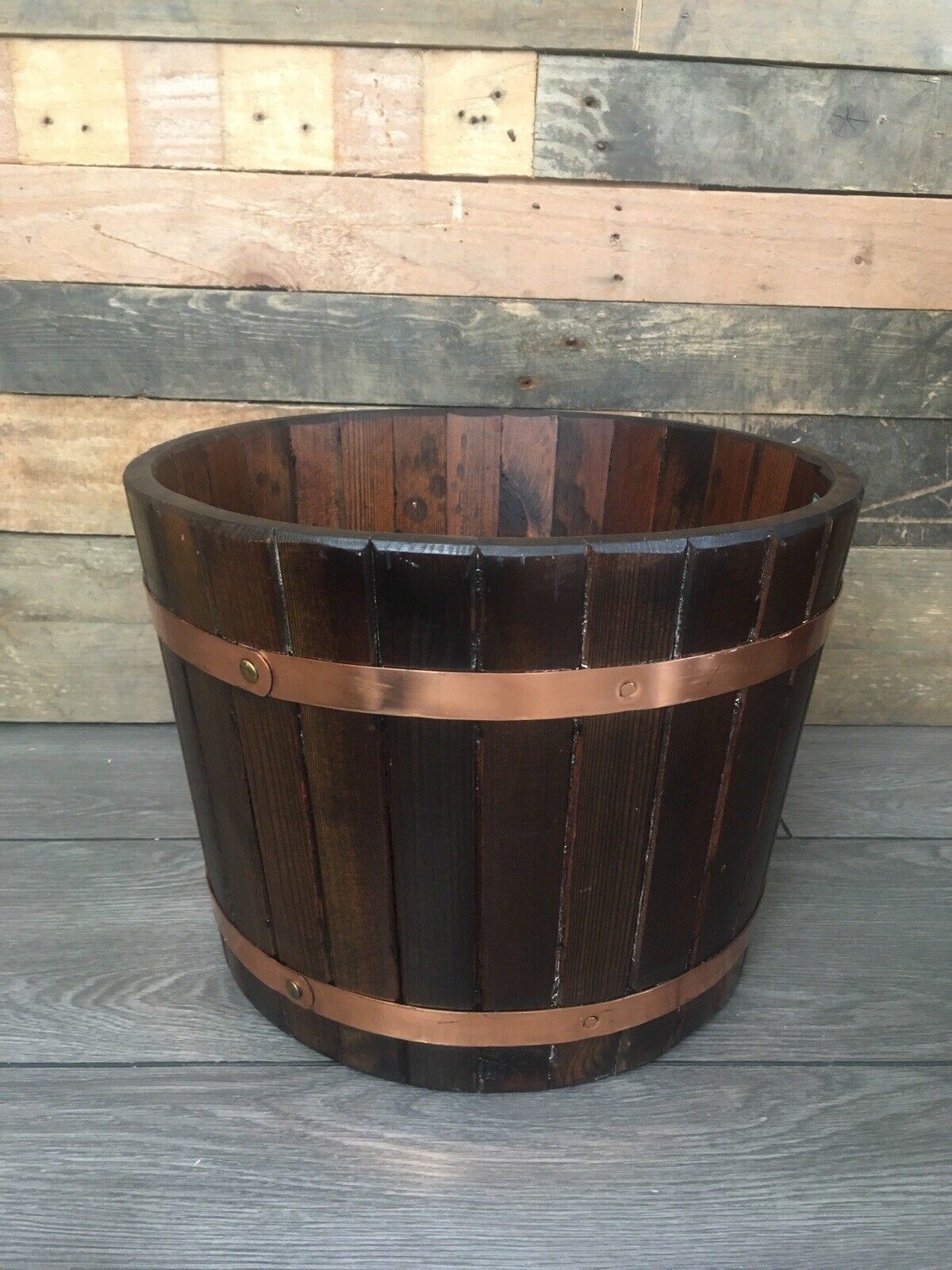 Vintage Coopered Oak & Copper Barrel Planter Plant Pot Jardiniere Log Storage photo Garden Decor