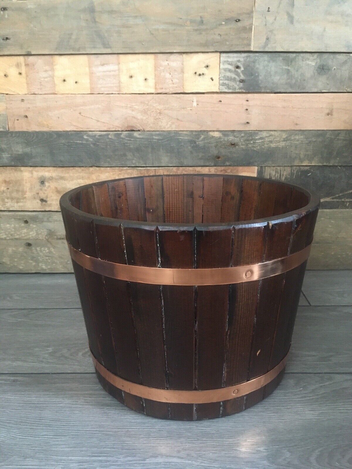 Vintage Coopered Oak & Copper Barrel Planter Plant Pot Jardiniere Log Storage photo vintage