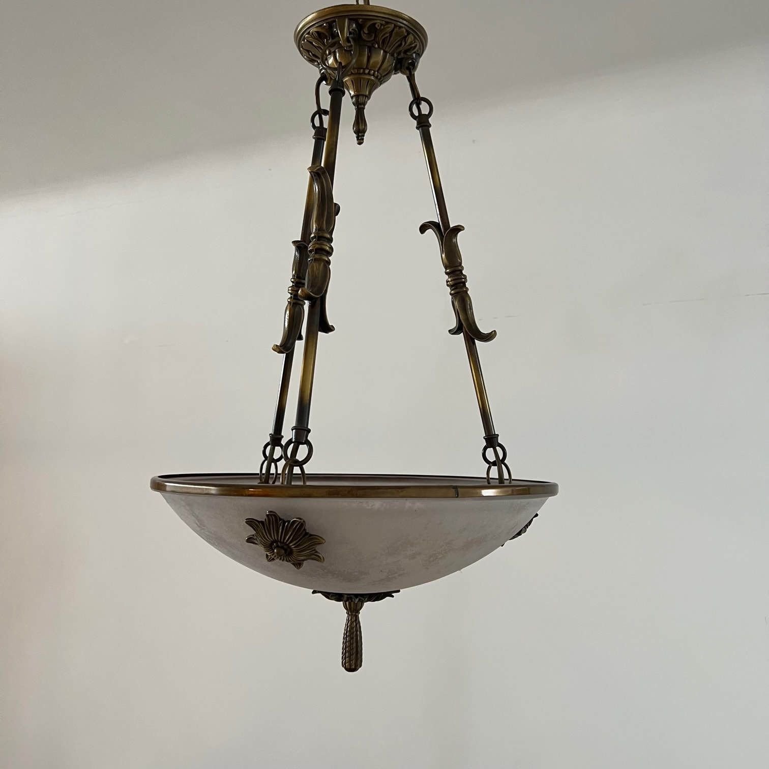 Brass And Frosted Glass Mid Century Swedish Plafonnier Light