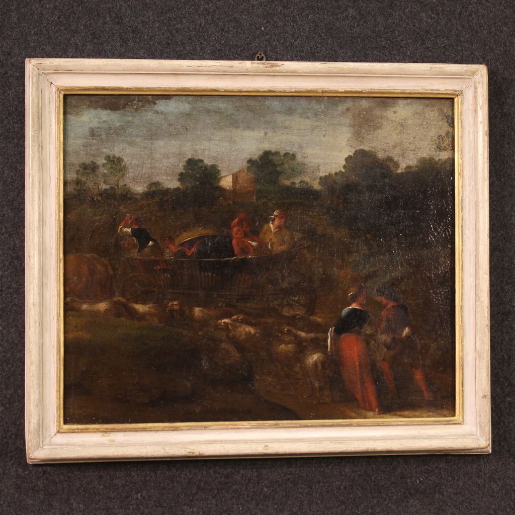 Antique Italian Painting From The 18th Century, Pastoral Scene With Chariot photo Art