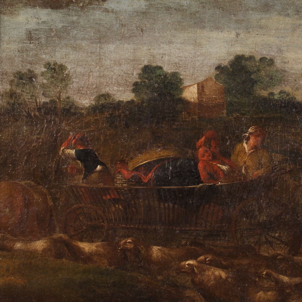 Antique Italian Painting From The 18th Century, Pastoral Scene With Chariot photo buy