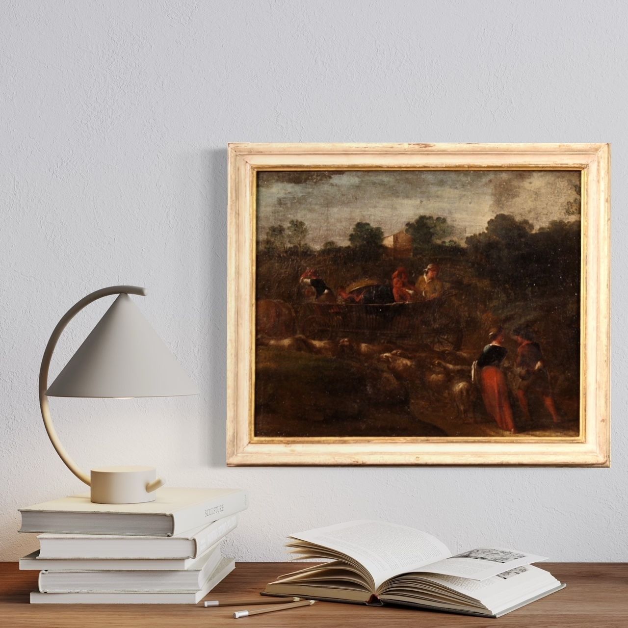 Art Antique Italian Painting From The 18th Century, Pastoral Scene With Chariot photo