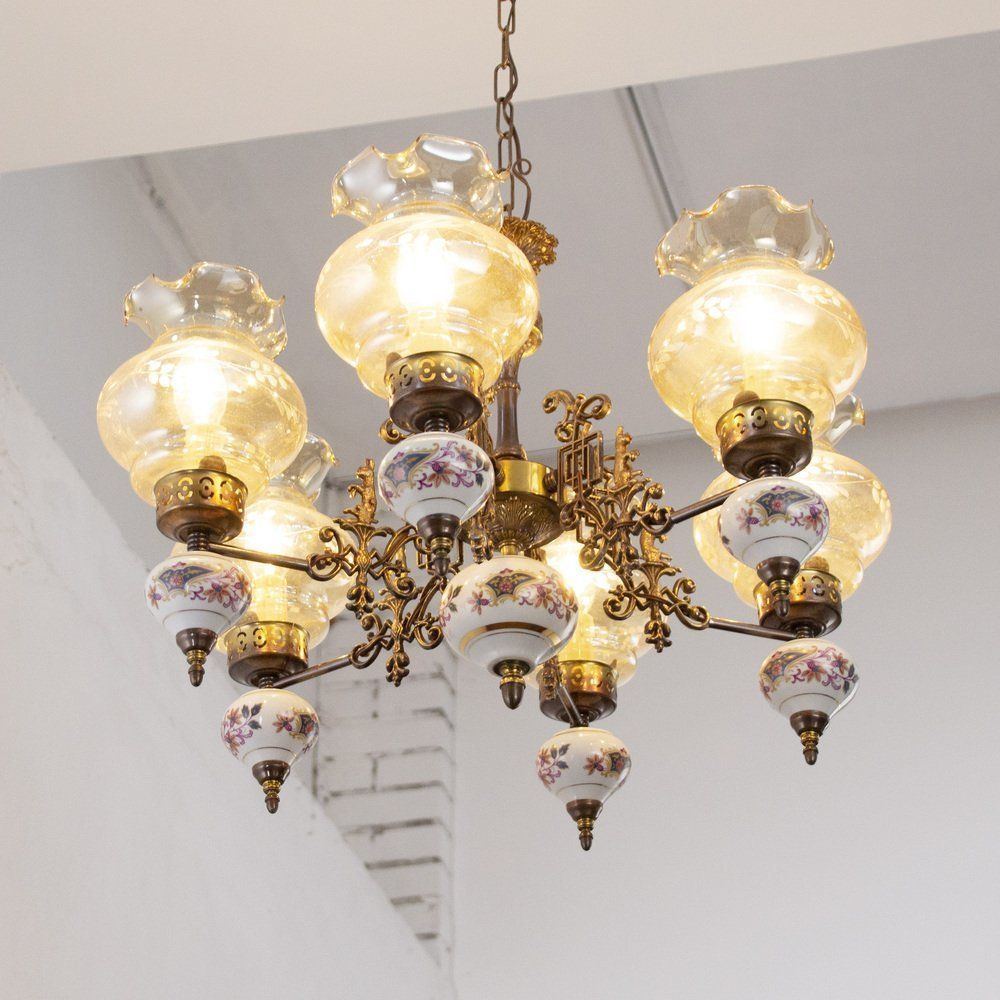 6 Lights Chandelier In Ceramic And Blown Murano Glass, Italy, 1950s photo 586.0