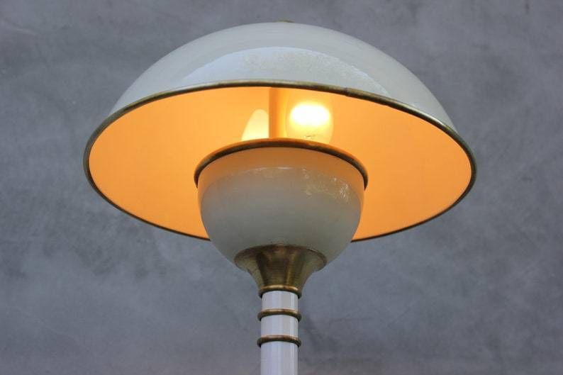 Vintage Modernist Enamel Brass Floor Lamp White Cream Unique Design Living Room Light Accent photo vintage