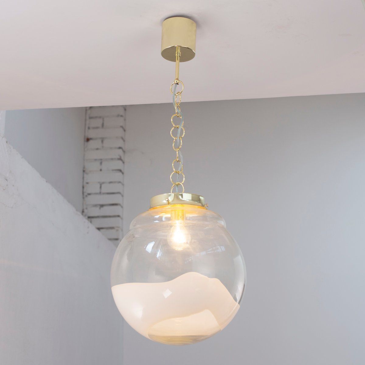 Suspension Lamp With Sphere And Decoration In White Glass, Italy photo furniture