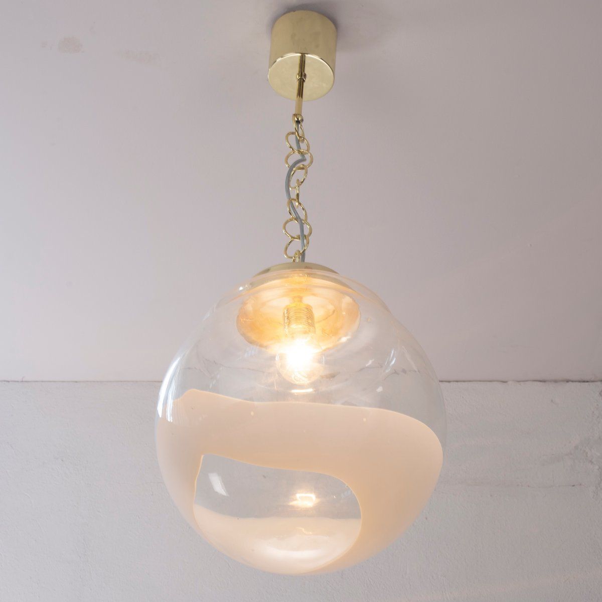Suspension Lamp With Sphere And Decoration In White Glass, Italy photo buy