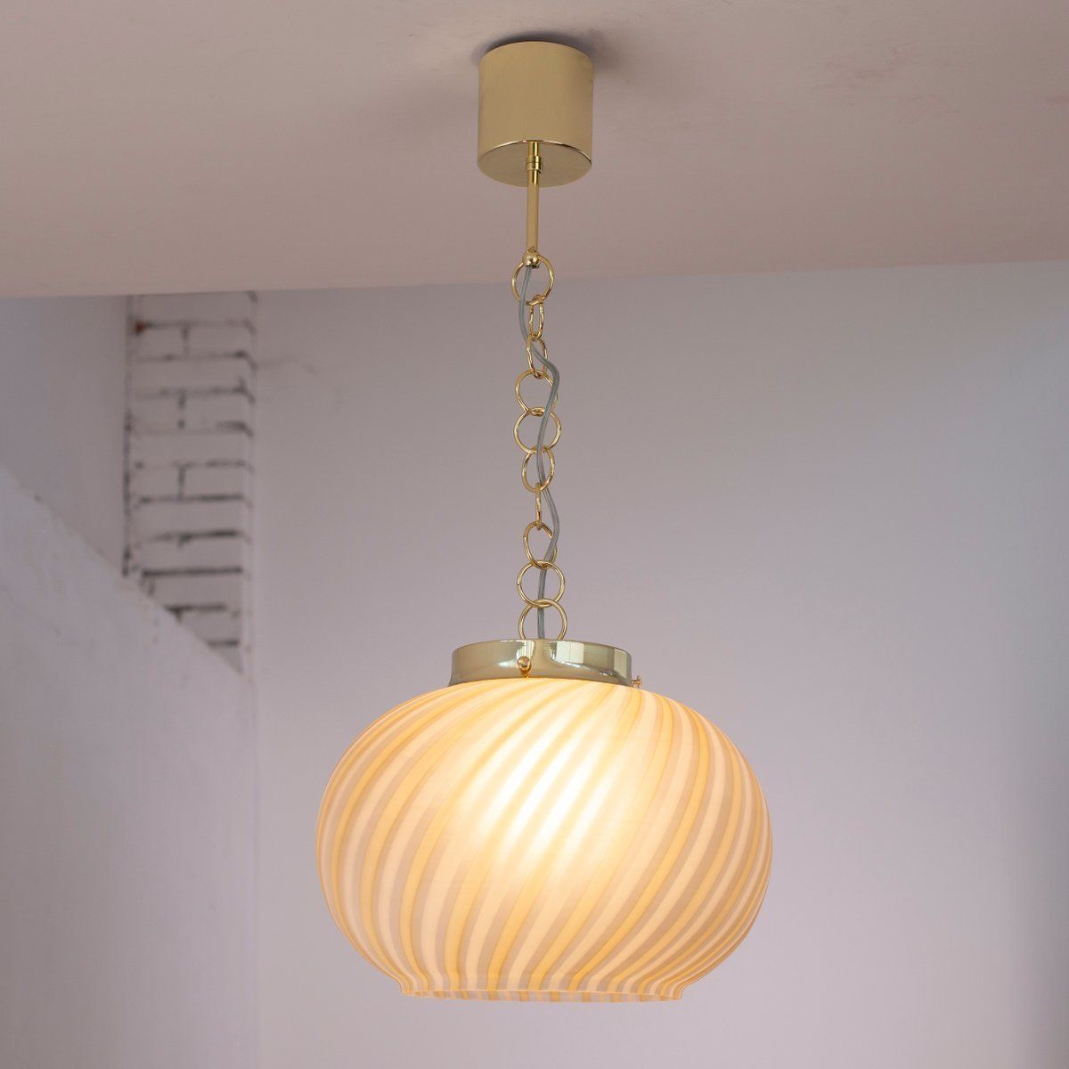 Suspension Lamp In Frosted Glass With White And Amber Stripes, Italy photo Lighting