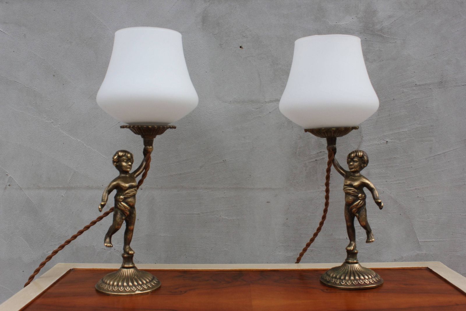 Vintage Brass Cherub Bedside Lamps Pair Baroque Table Lamps With White Glass Shades