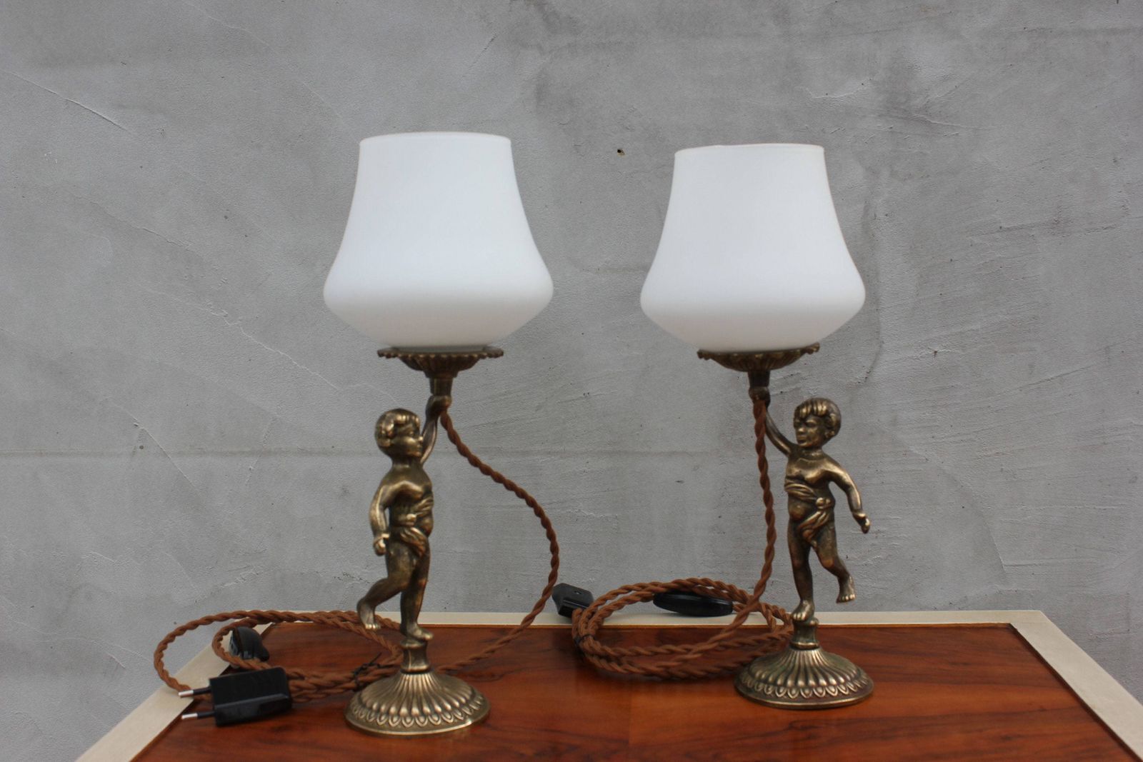 Vintage Brass Cherub Bedside Lamps Pair Baroque Table Lamps With White Glass Shades photo furniture