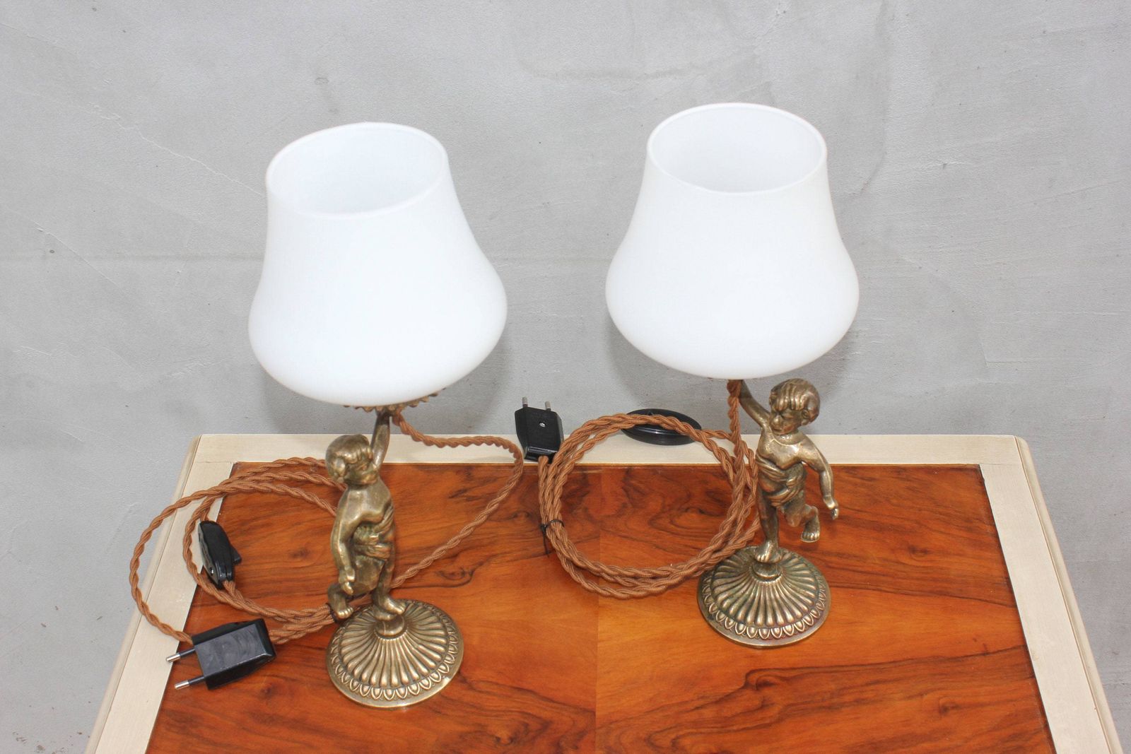 Vintage Brass Cherub Bedside Lamps Pair Baroque Table Lamps With White Glass Shades photo for sale
