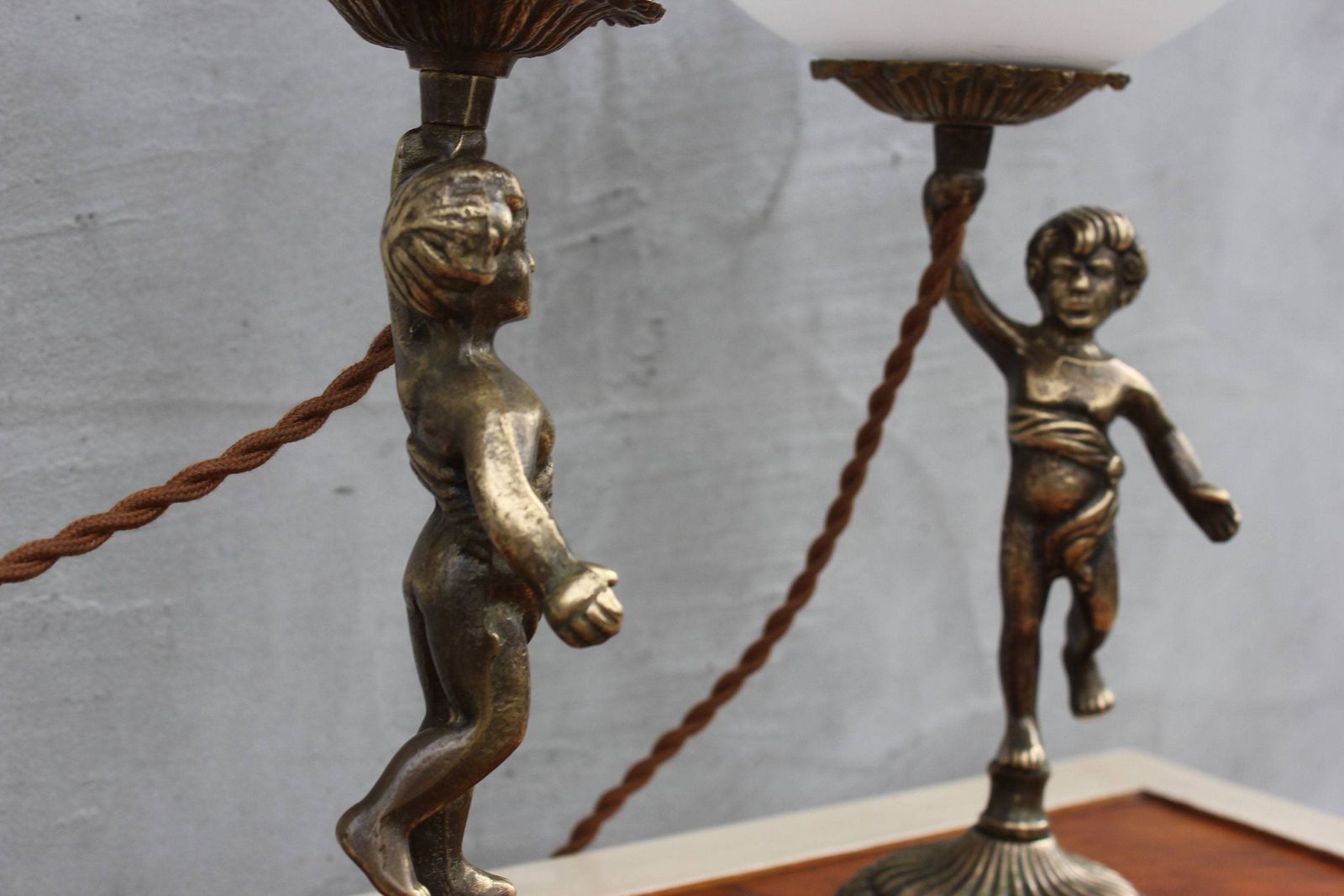 Vintage Brass Cherub Bedside Lamps Pair Baroque Table Lamps With White Glass Shades photo buy