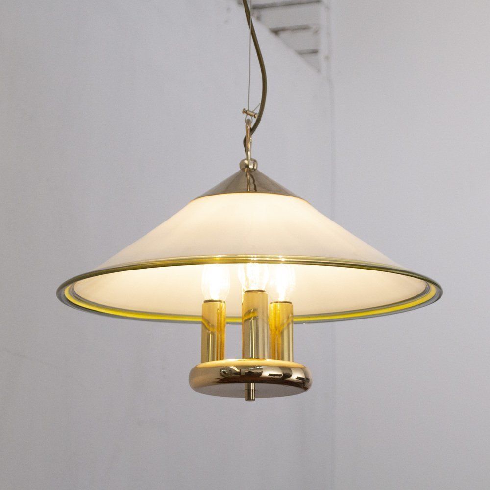 Suspension Lamp In White Murano Glass With Yellow, Green And Galvanic Gold Finishes, 1980s photo 497.0