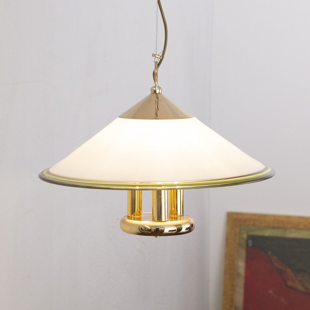 Suspension Lamp In White Murano Glass With Yellow, Green And Galvanic Gold Finishes, 1980s photo vinterior