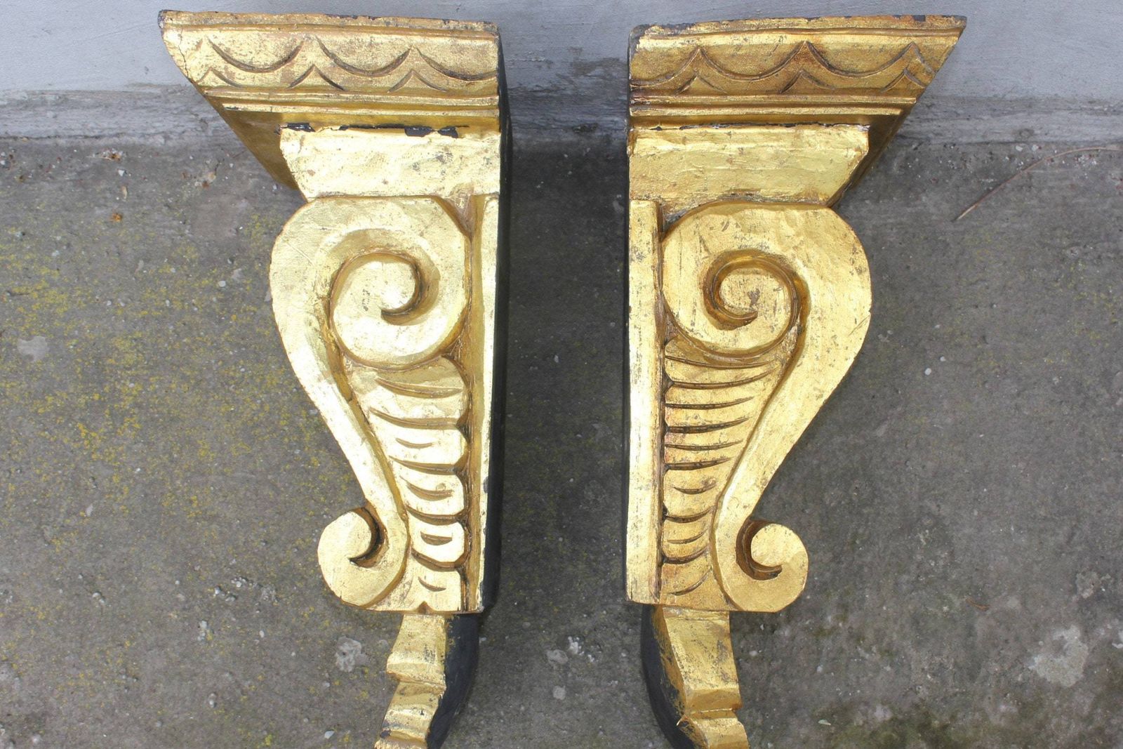 photo for sale Pair Corbels Acanthus Scroll Hand Carved Wooden Fireplace Surround, Two Consoles