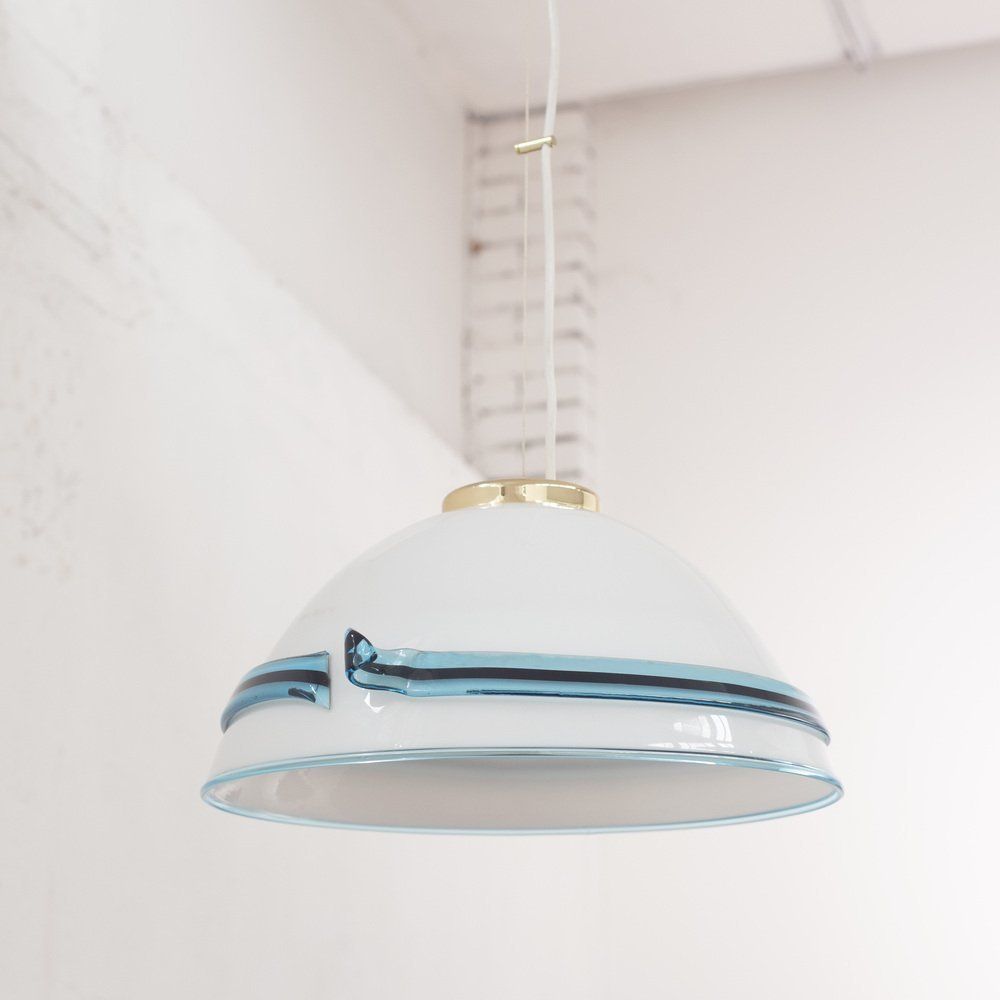 Suspension Lamp In White Murano Glass With Turquoise And Black Applications, 1980s photo Lighting