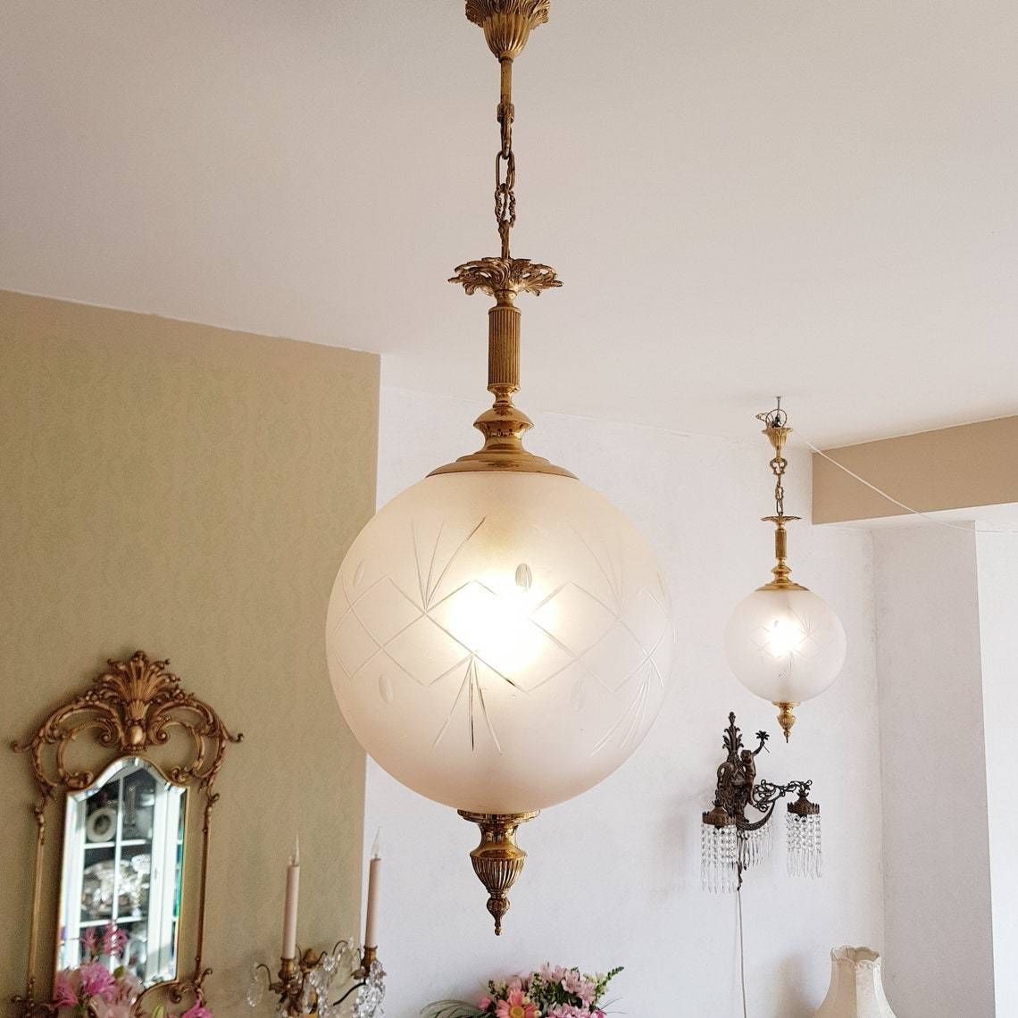 Pair Of Spheres Art Nouveau Frosted Glass Ceiling Lights Lamps, Lantern Style Hanging Lamps