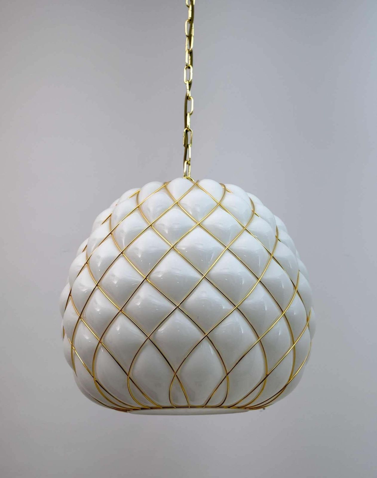 Four Modern Brass And Caged Murano Glass Large Pendant Lamps By Fontana Arte photo for sale