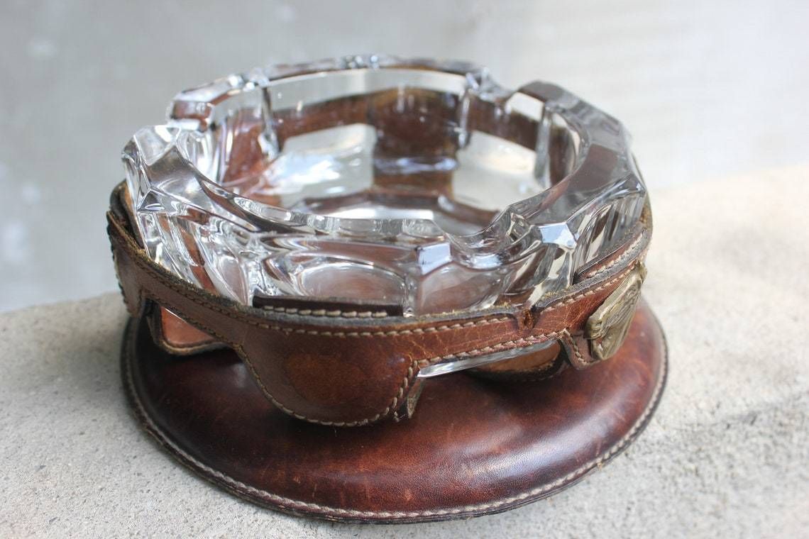 Rare Art Deco Leather And Crystal Cigar Smoking Ashtray Italy For Cigar Lounge Or Soothing Area