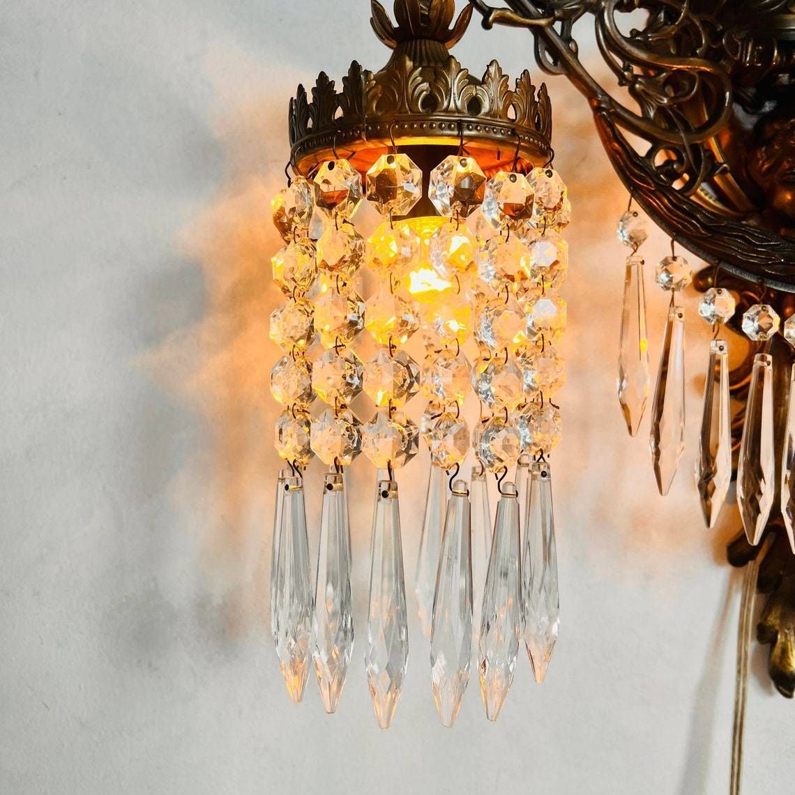 Unique French Cherub/Putti Wall Sconce 2 Arms, Crystals Lampshade, Pendant Light, Home Lighting, Hanging Lamp, Interior Design photo 1007.0