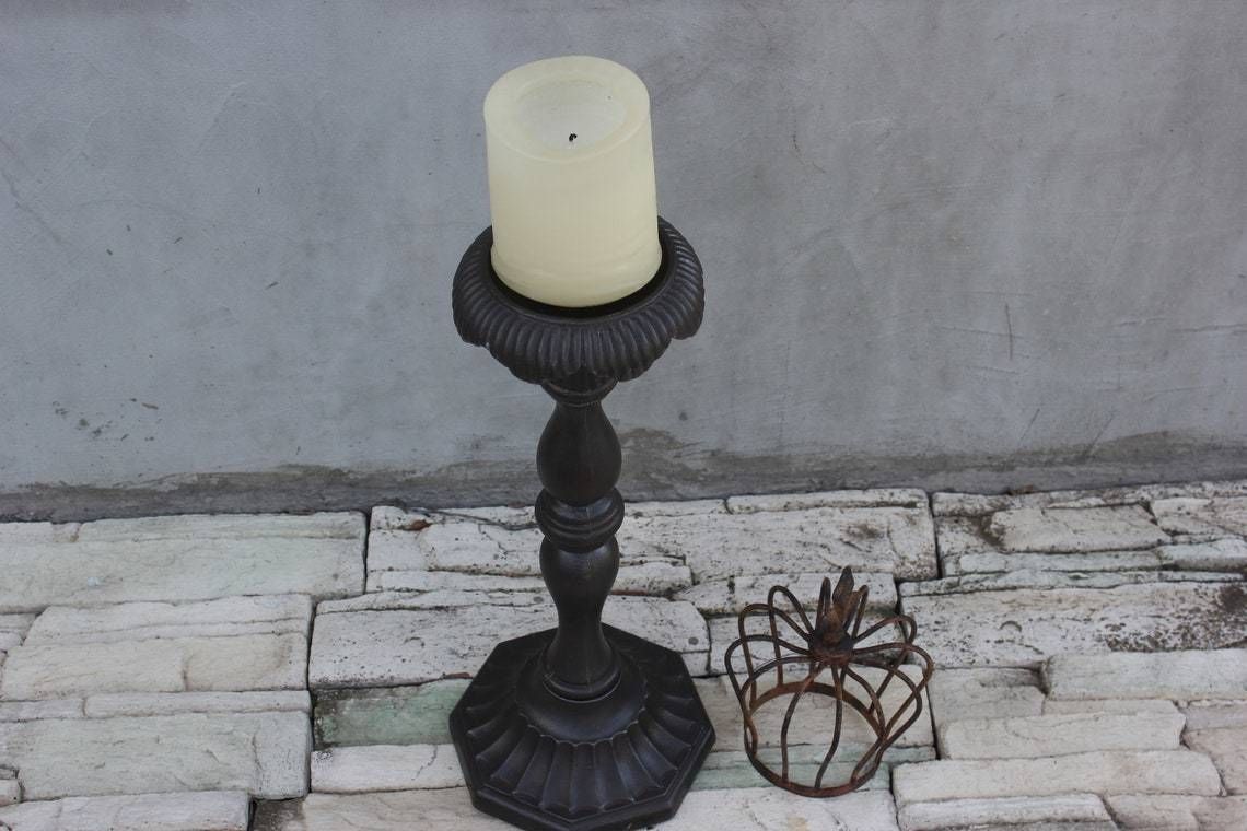 Large Cast Iron Candlestick Floor Metal Candle Holder Fireplace Tall Light 20th Century Antique photo Home Decor