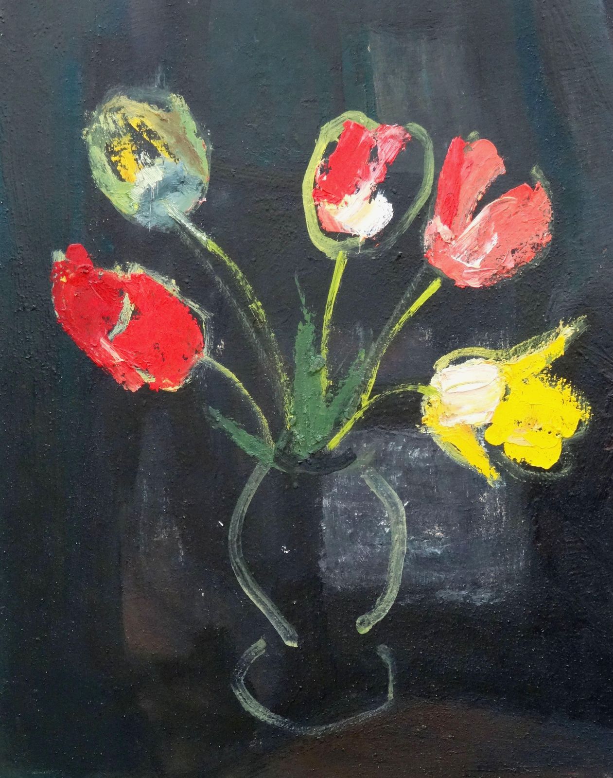 Aleksandr Rodin Tulips On The Black Background. 1975, Cardboard, Oil,