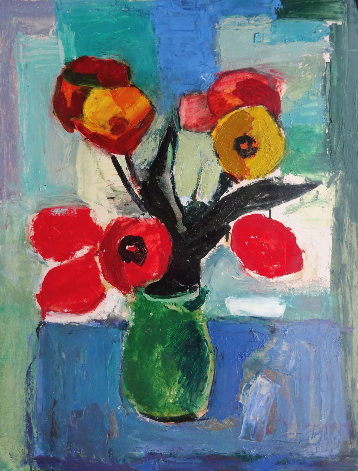 Aleksandr Rodin Tulips In Green Vase. Oil On Cardboard