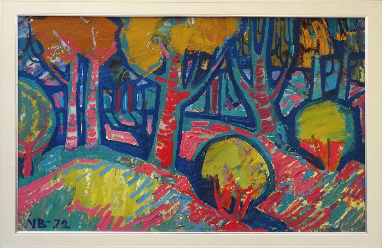 Valdis Bush Sunset In The Forest. 1972., Cardboard, Oil photo furniture