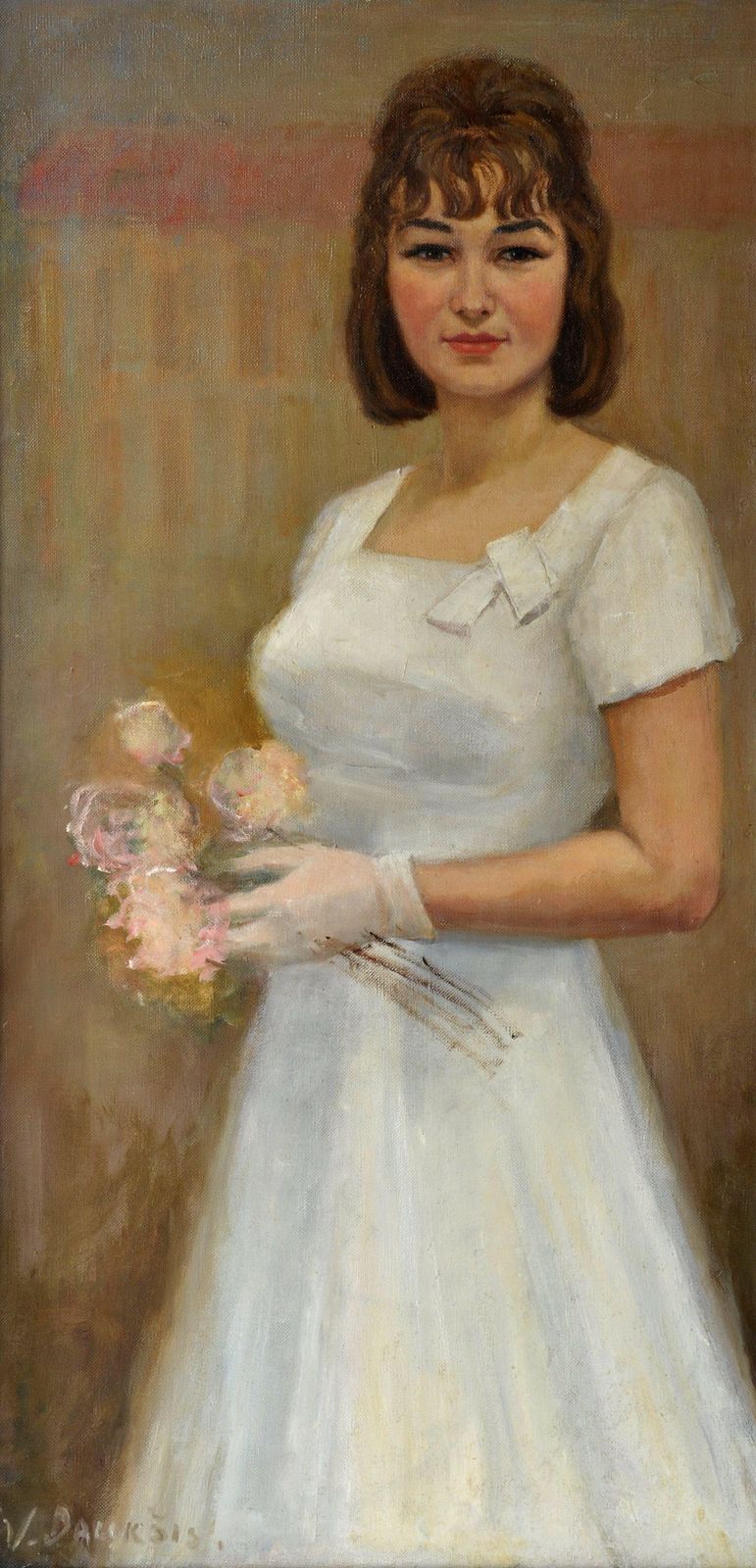 Graduate Young Girl In White Dress With Flowers Oil On Canvas
