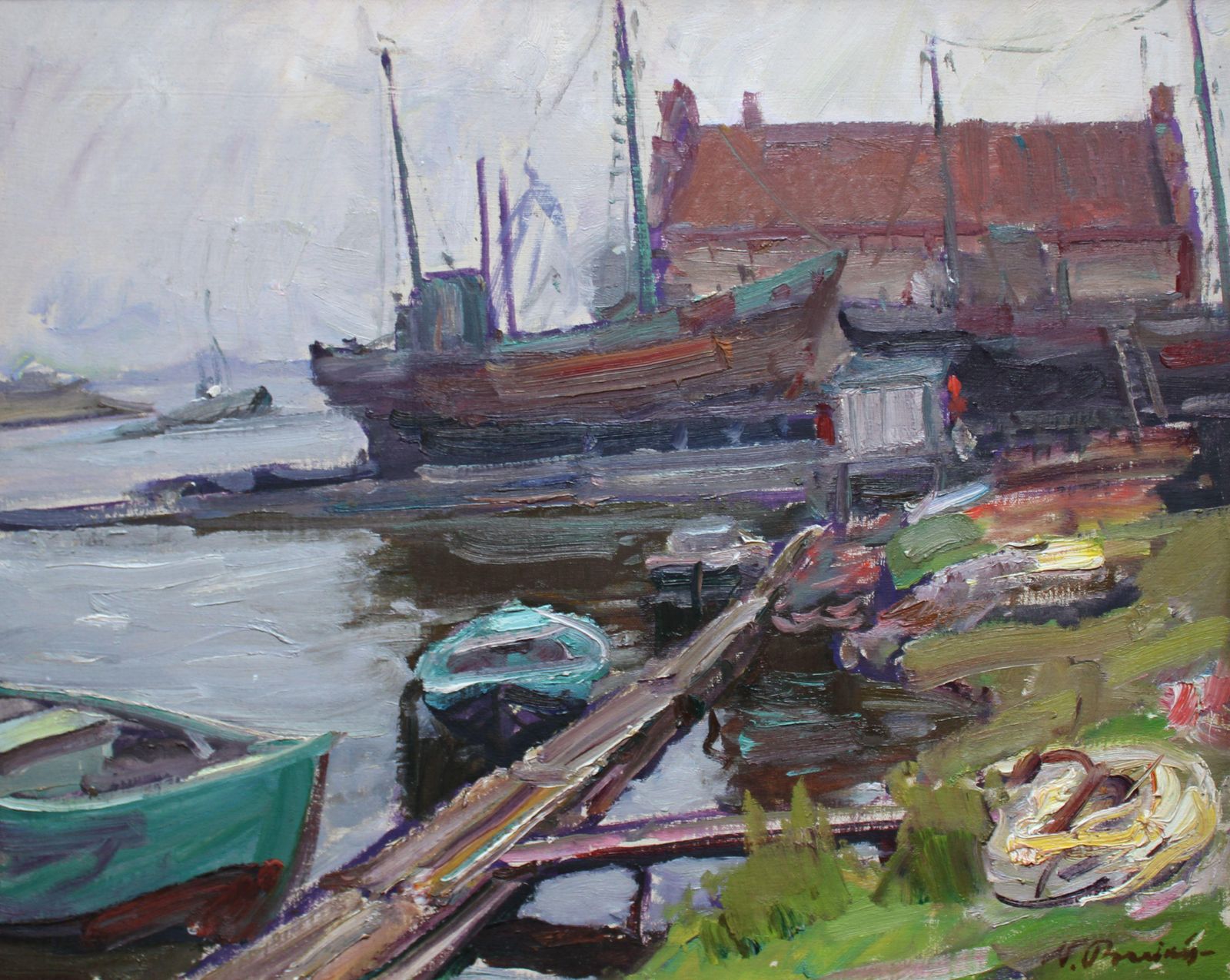 Nikolajs Breikss Ship Repair. Oil On Cardboard