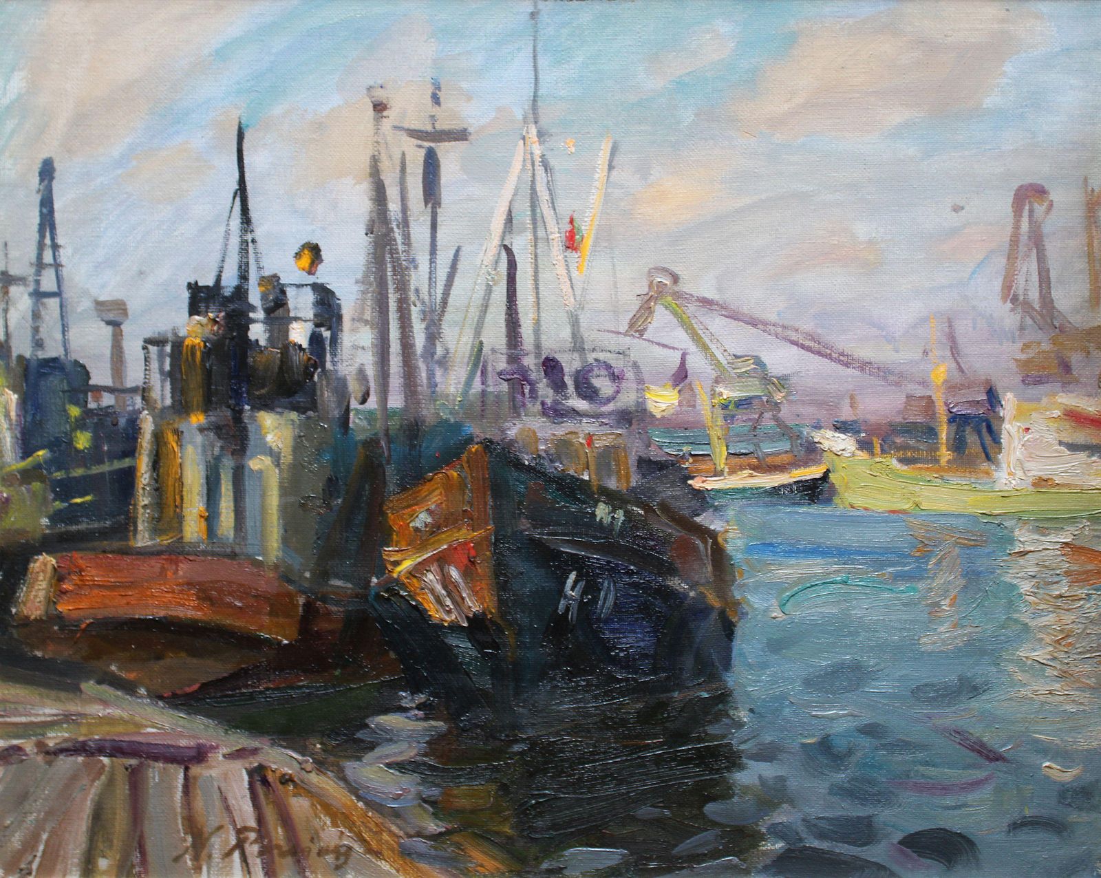 Nikolajs Breikss Ships In Port Oil On Cardboard