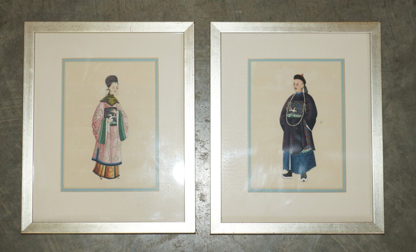 Pair Antique 19th Century 1880 Chinese Gouaches On Rice Paper Geisha Girl & Lord