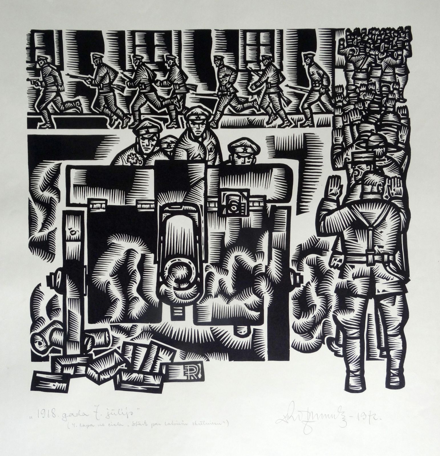 Dainis Rozkalns July 7, 1918. Riflemen. 1972, Linocut.