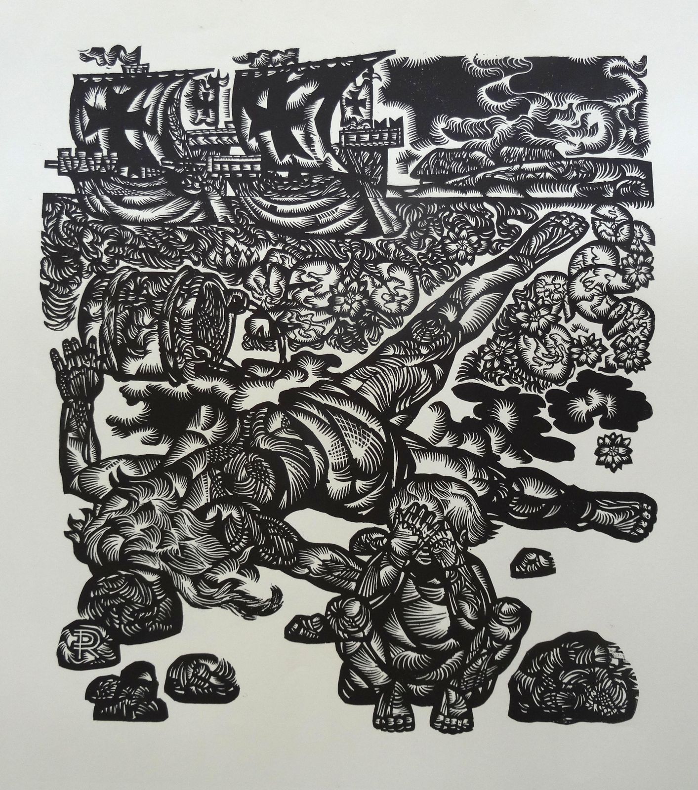 Dainis Rozkalns With Fire And Sword. 1977, Paper, Linocut, Print