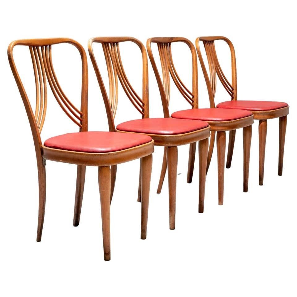 Set Of 4 Diningroom Chairs In Blond Wood And Red Faux Leather Italy 1950's