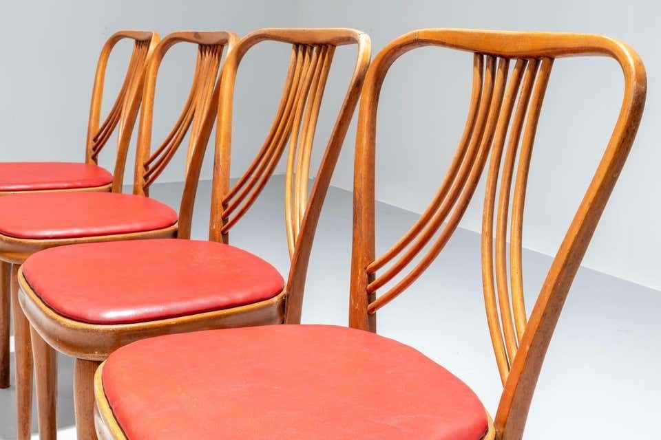 Set Of 4 Diningroom Chairs In Blond Wood And Red Faux Leather Italy 1950's photo 1699.36