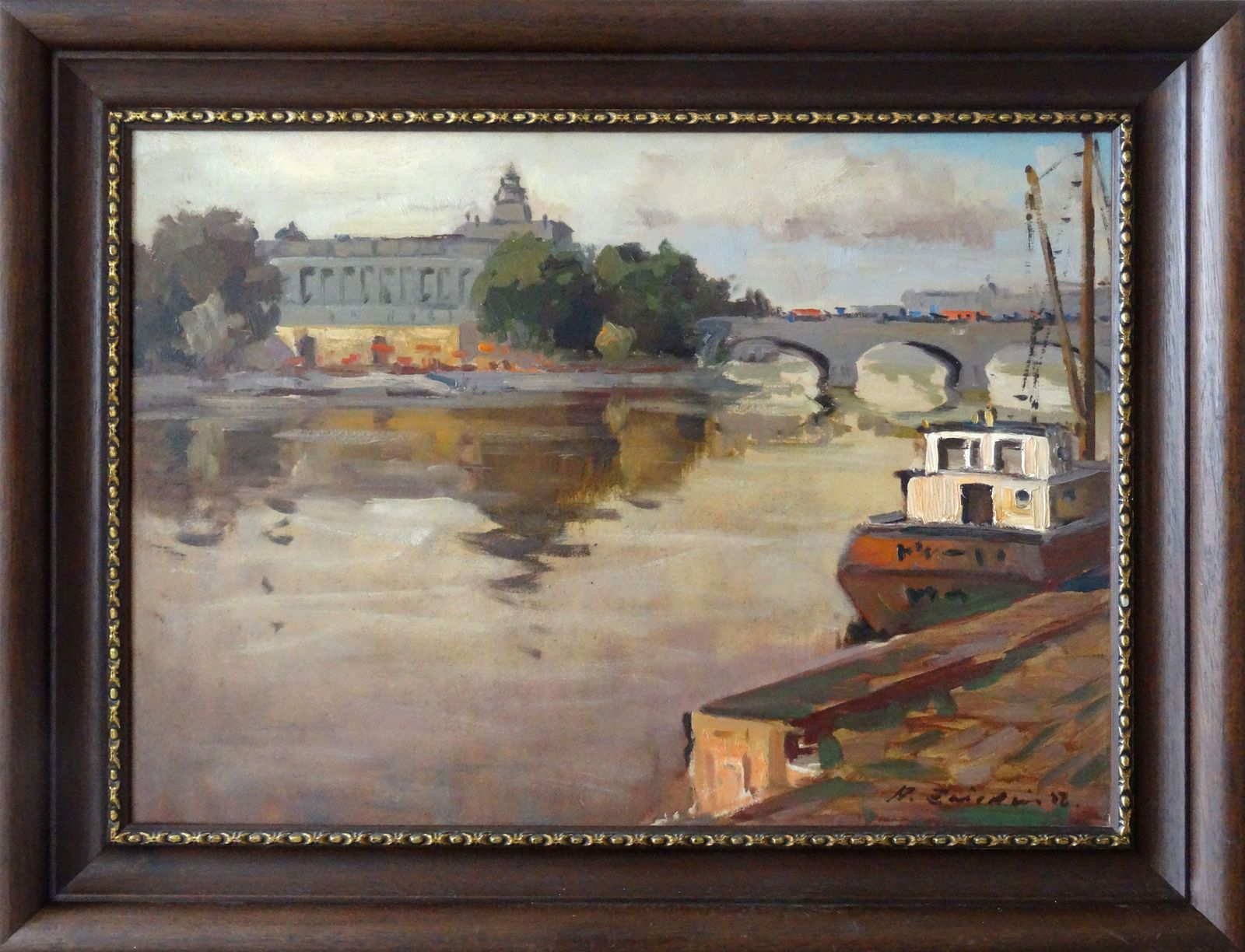 River With The Bridge And Ship In Earth Colors 1956 Oil On Board 49x69 Cm photo furniture