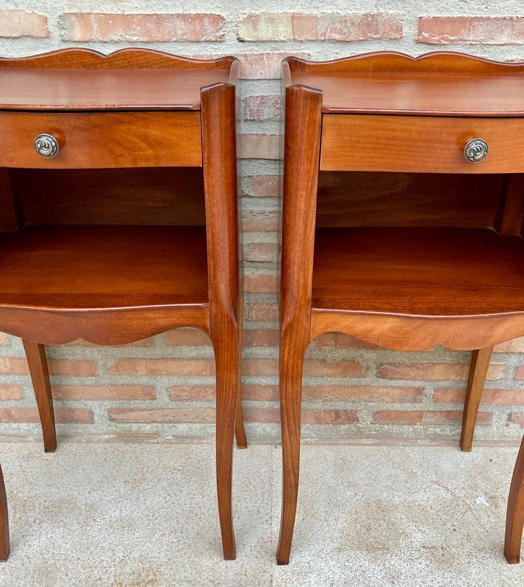 20th Marquetry Walnut Nightstands Tables With Drawer And Open Shelf, 1940, Set Of 2 photo furniture