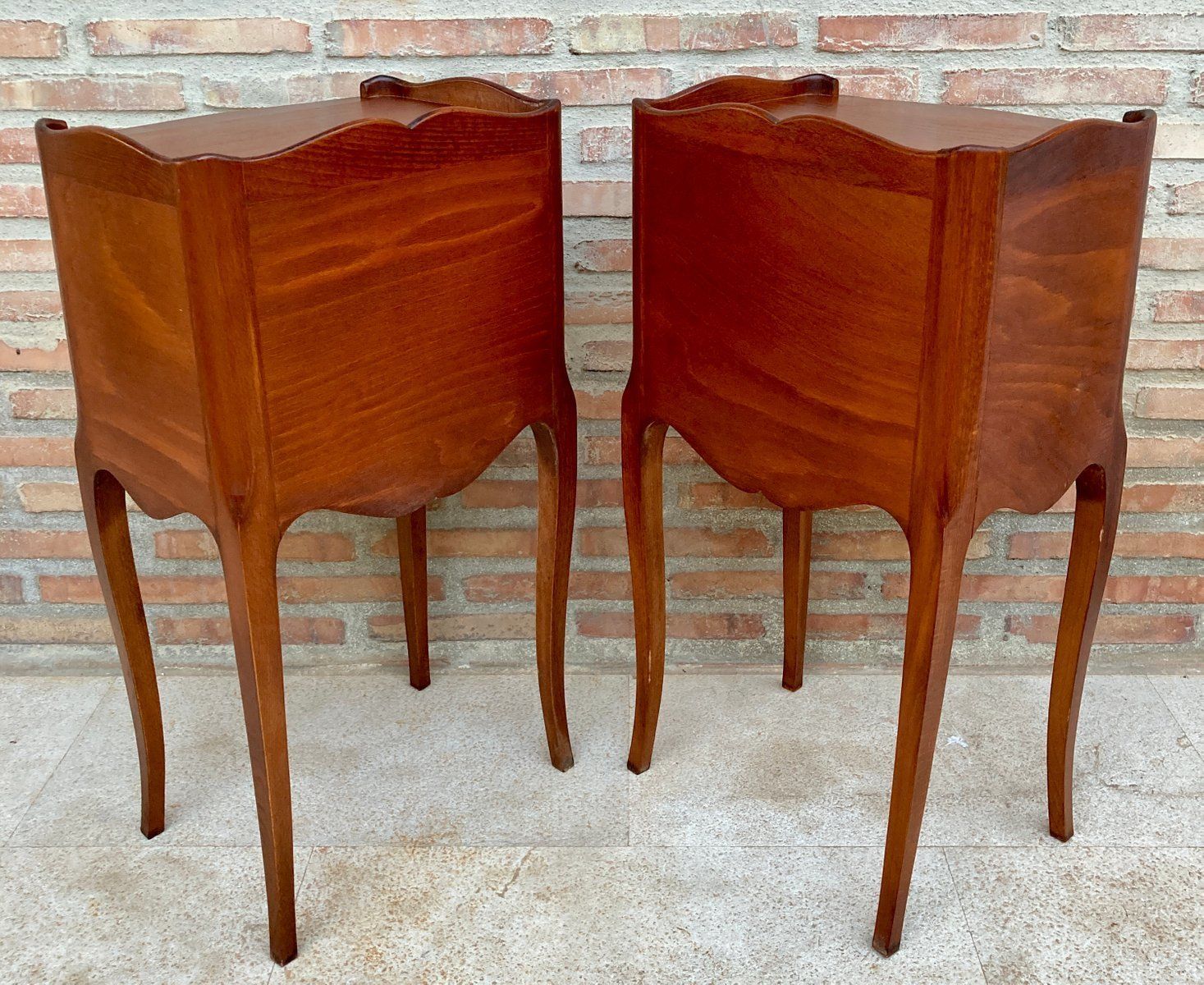 photo furniture 20th Marquetry Walnut Nightstands Tables With Drawer And Open Shelf, 1940, Set Of 2