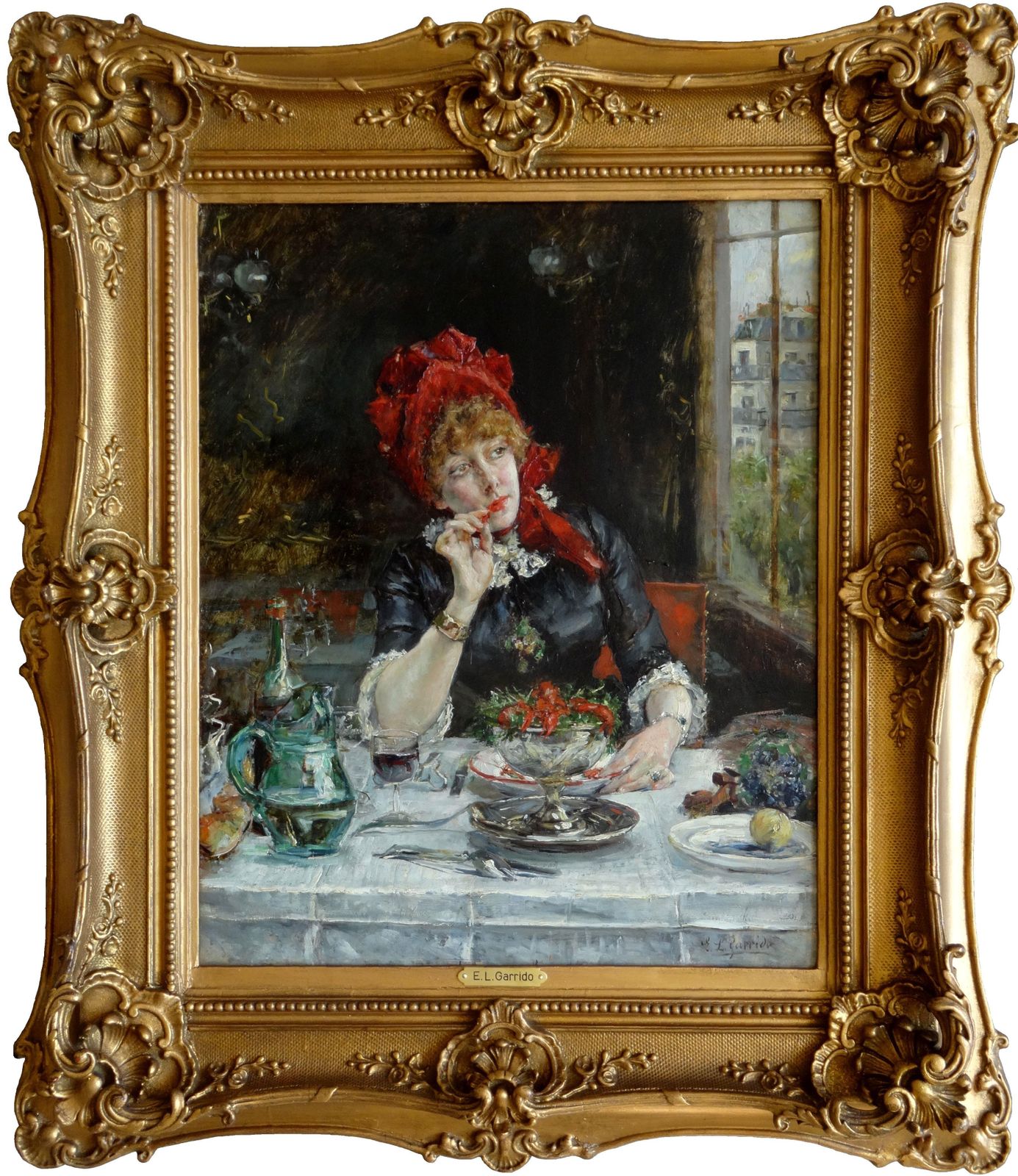 photo furniture Eduardo Leon Garrido Girl In Restaurant In Paris. 19th Century, Oil On Wood