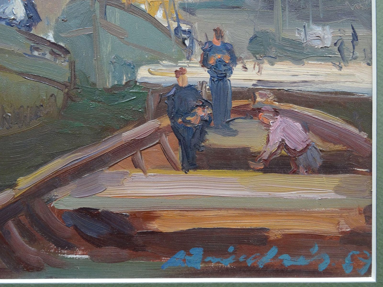 Aleksandrs Zviedris Ships In The Port Cardboard, Oil 1969 photo for sale