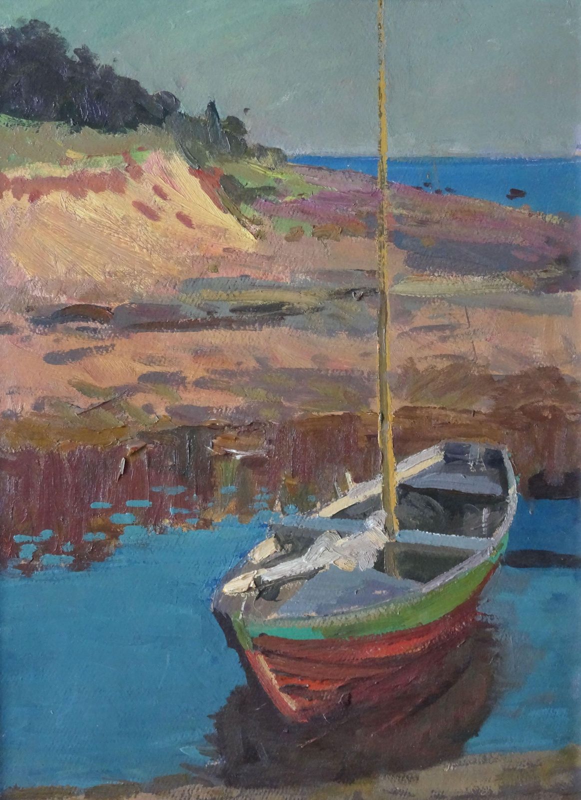 Alfejs Bromults Boat On The River Bank. 1980. Oil On Cardboard