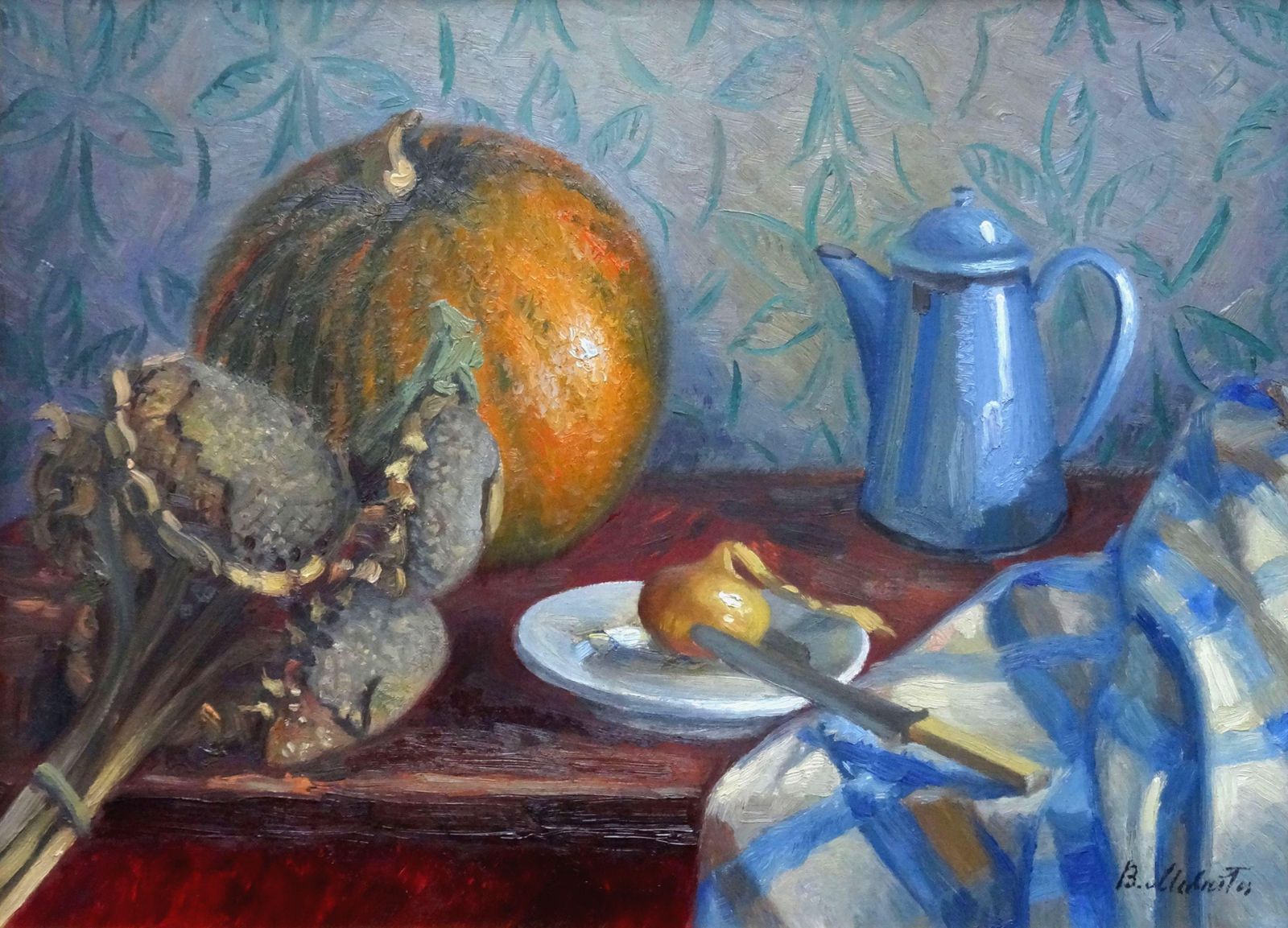 Bernards Mednitis Still Life With Blue Coffee Pot. Oil On Cardboard, 1978
